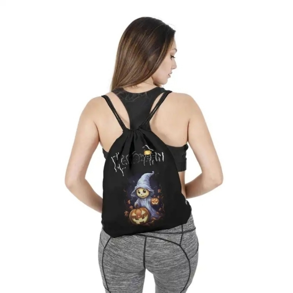 Artisan Pumpkin Ghost Drawstring Backpack Halloween Rope Sack Bag Sz 16x13.5 NWT